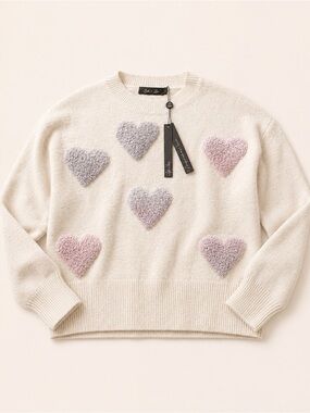 Cozy Cream Crewneck Sweater with Pastel Heart Appliqués
